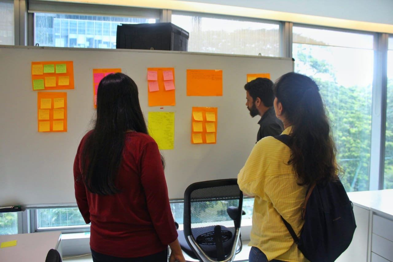 Mapping a workflow on a whiteboard with sticky notes