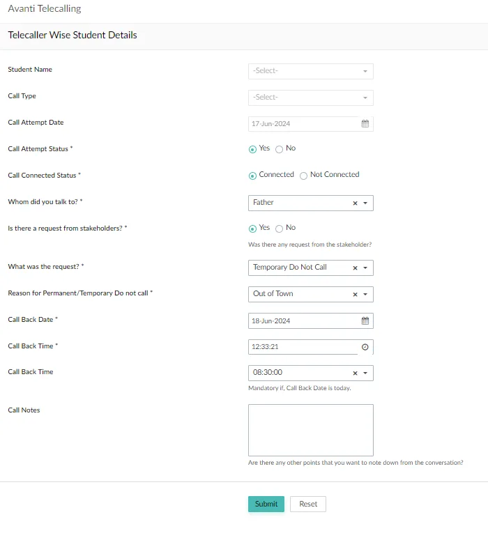 Call log details to be filled after each call