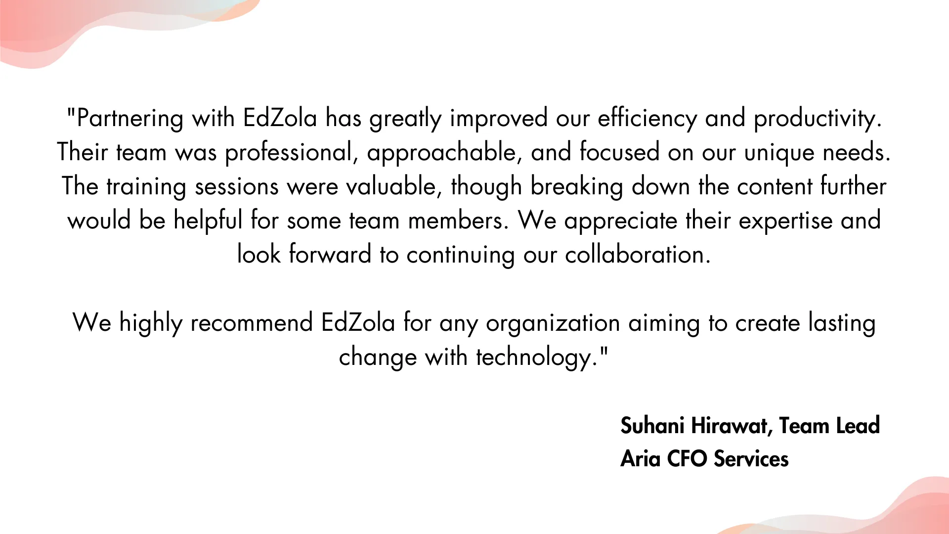 What Does Suhani Hirawat, Team Lead at Aria CFO Services, Say About Us?