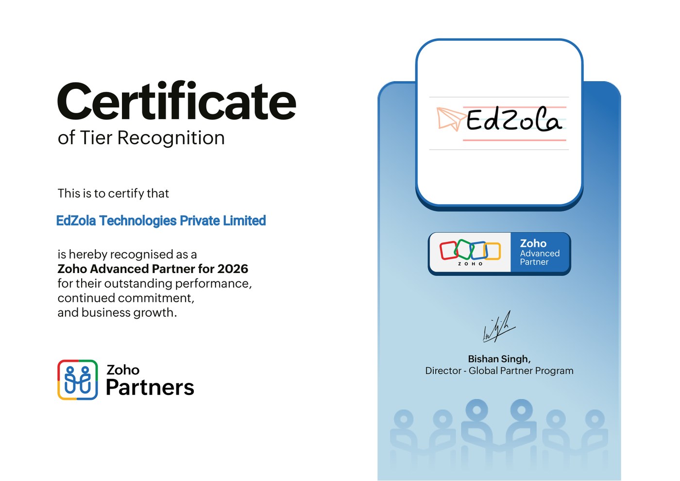 Zoho Advanced Partner certificate of tier recognition